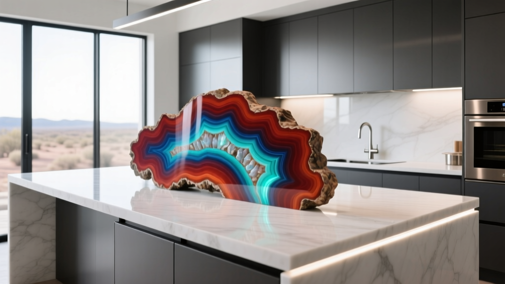 Polished cross-section slab of rare Arizona rainbow petrified wood showing vibrant red and blue mineral bands on a luxury kitchen island