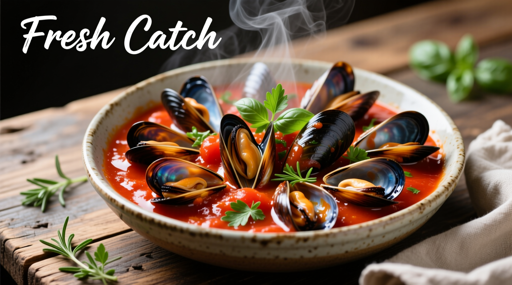 Fresh mussels in vibrant tomato sauce with herbs