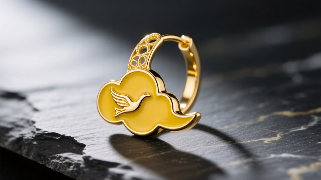 Macro shot of a 14k solid gold Flying Nimbus cloud huggie earring with yellow enamel, resting on a dark slate stone surface.