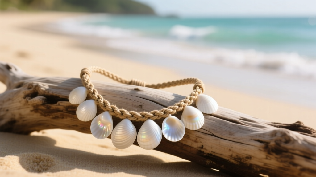 Polished white puka surfer shell necklace on a braided hemp cord resting on sun-bleached driftwood near a sunny beach coastline