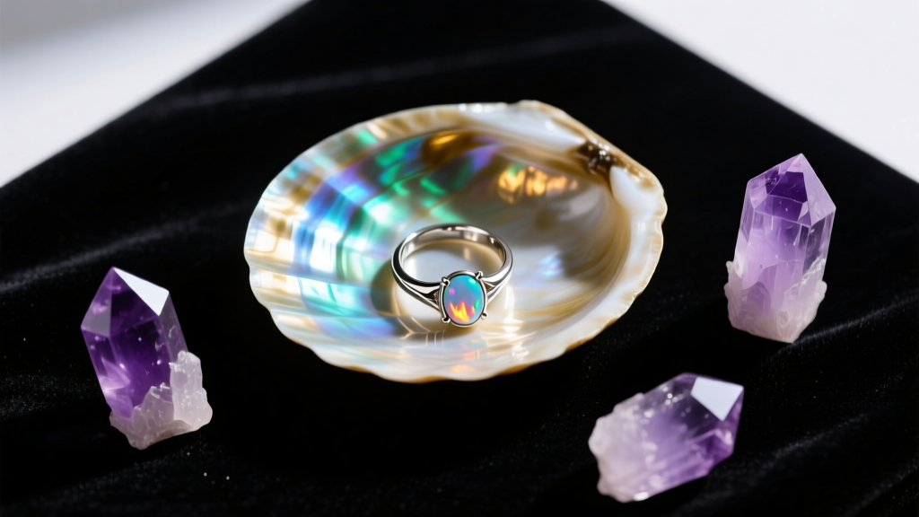 Overhead view of an iridescent abalone shell jewelry dish holding a silver opal ring and raw amethyst crystals on dark velvet.