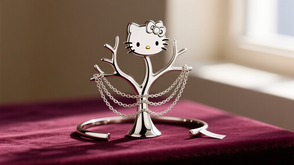 Enameled zinc alloy Hello Kitty bracelet tree on velvet holding layered silver chains with small anti-tarnish strips hidden nearby
