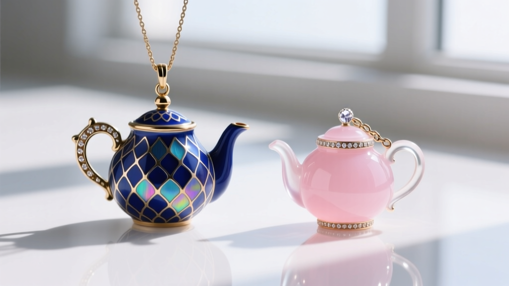 Macro comparison of a vintage guilloche enamel teapot pendant in blue next to a modern cold-epoxy resin teapot charm in pink.