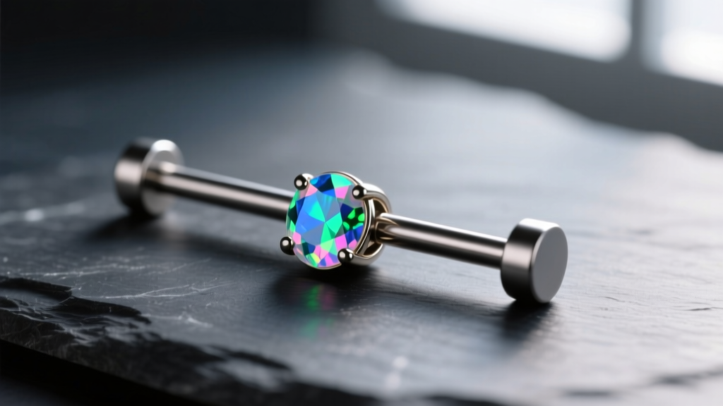 Macro shot of a petite 14-gauge titanium straight barbell with low-profile bezel-set opal ends resting on dark slate