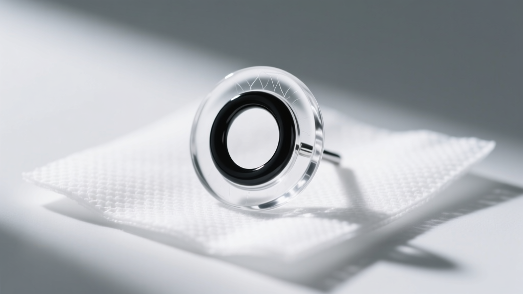 Clear glass ear piercing retainer with black O-rings resting on sterile gauze under bright, clean clinical lighting setup.