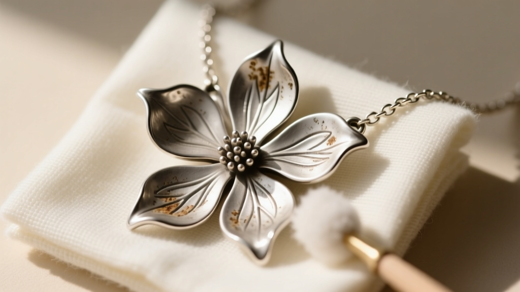 A soft cotton jewelry polishing cloth gently buffing the raised edges of an oxidized sterling silver dogwood flower necklace.
