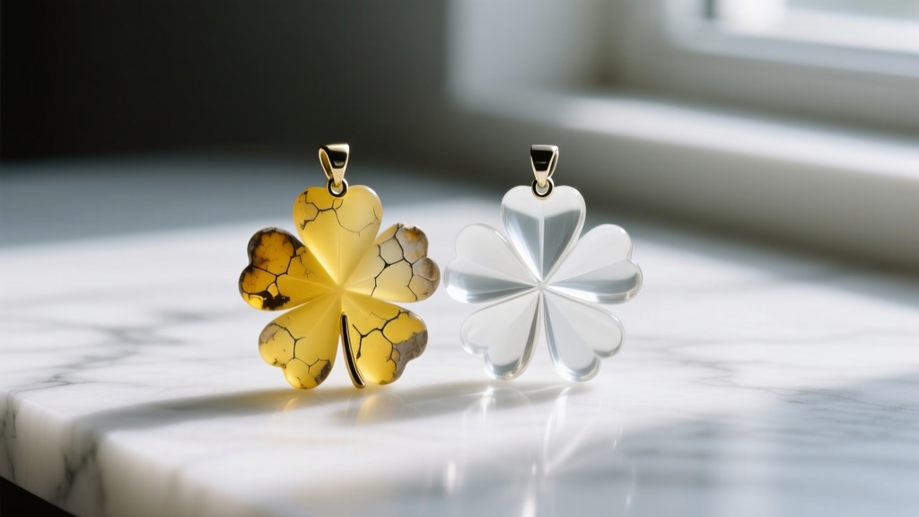 Side view of a yellowed resin clover pendant next to a clear one, showing UV damage and polymer degradation on white marble.