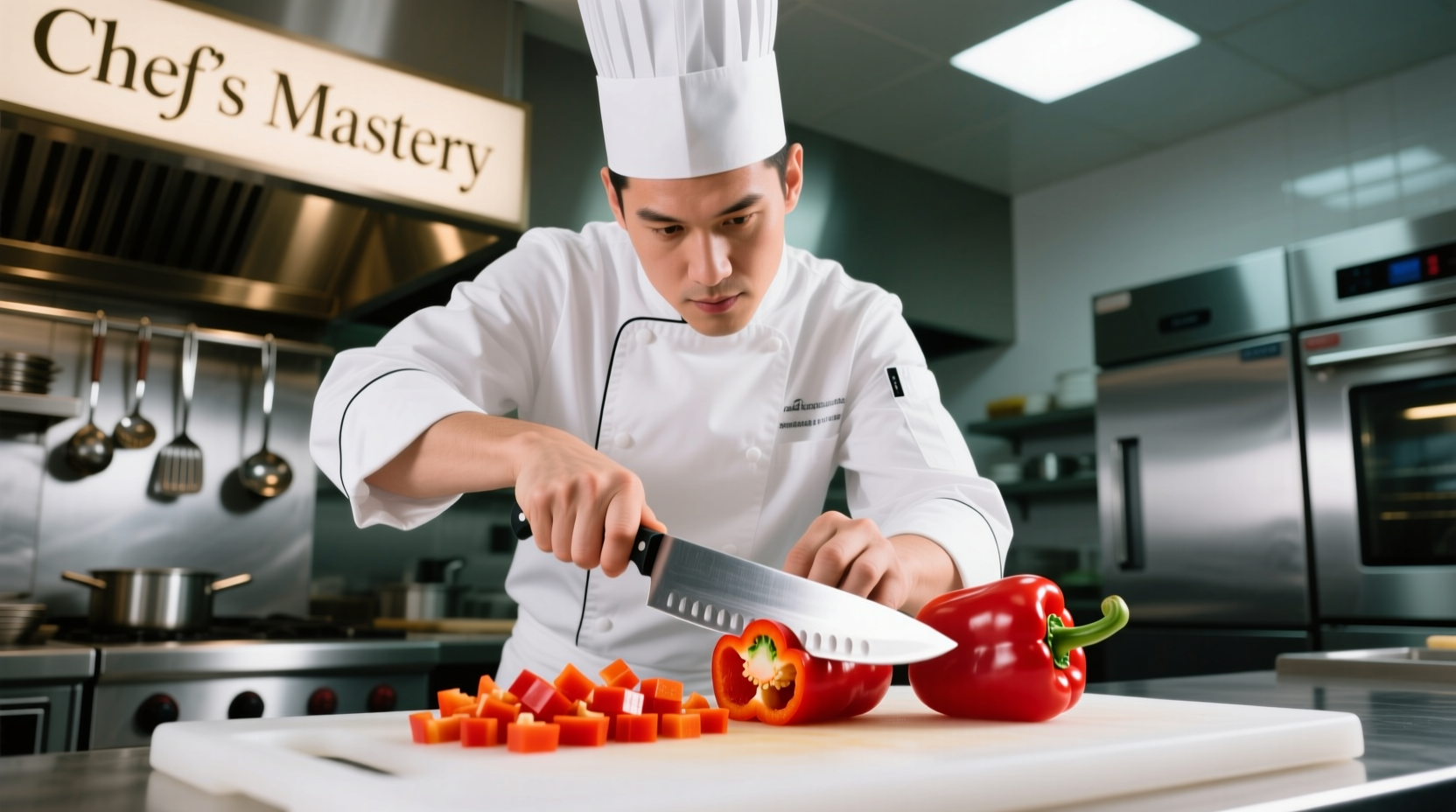 Professional chef demonstrating bell pepper dicing technique