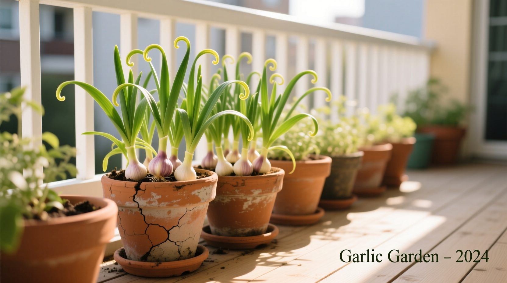 Garlic plants growing in terracotta containers on a sunny balcony