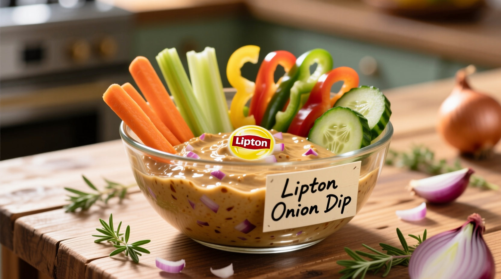 Lipton onion dip in glass bowl with vegetable dippers