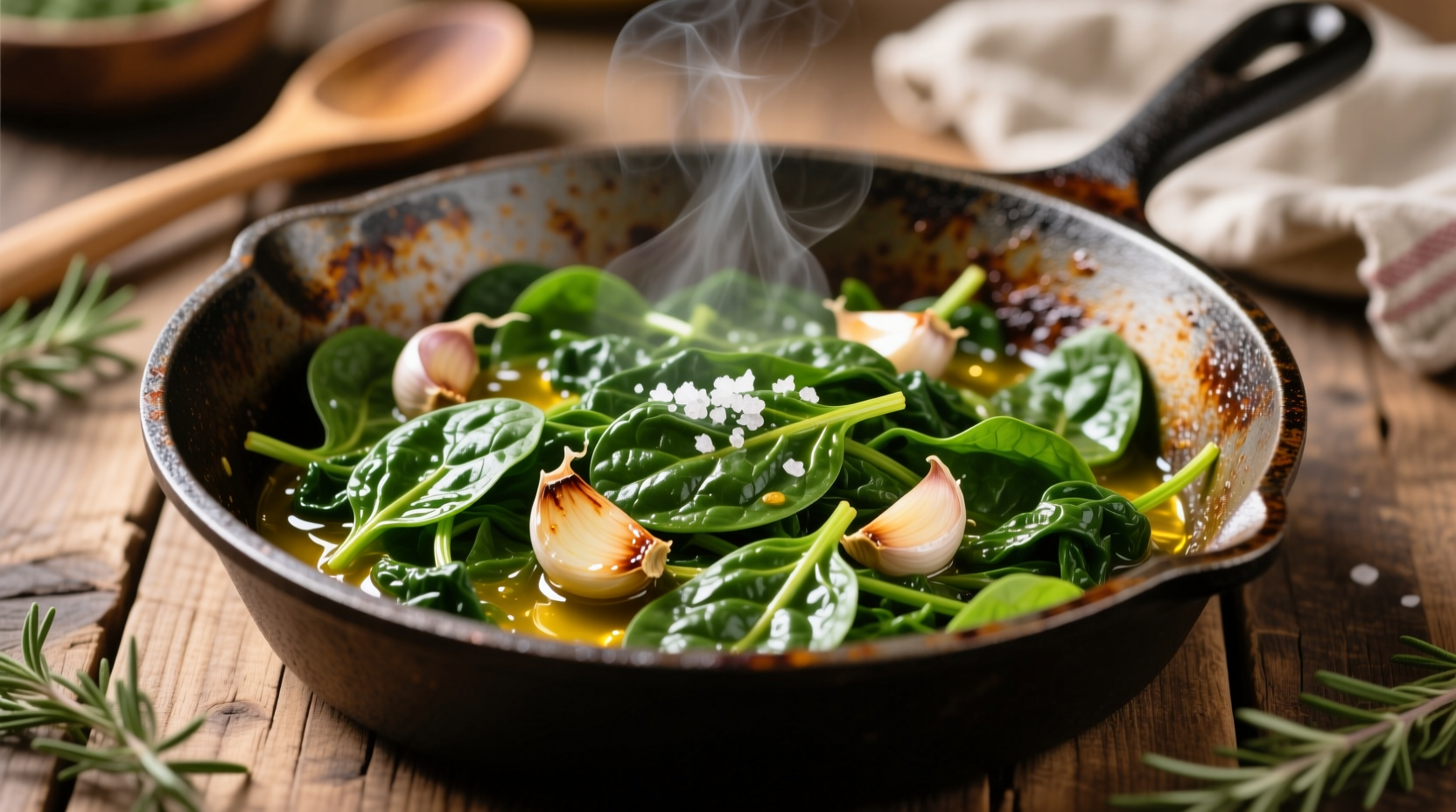 Easy spinach sauté with garlic in cast iron skillet