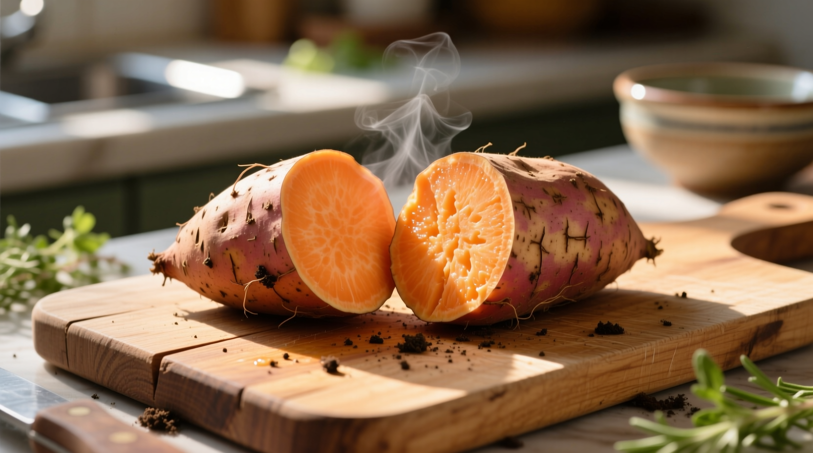 Nutrient-rich sweet potato on wooden cutting board