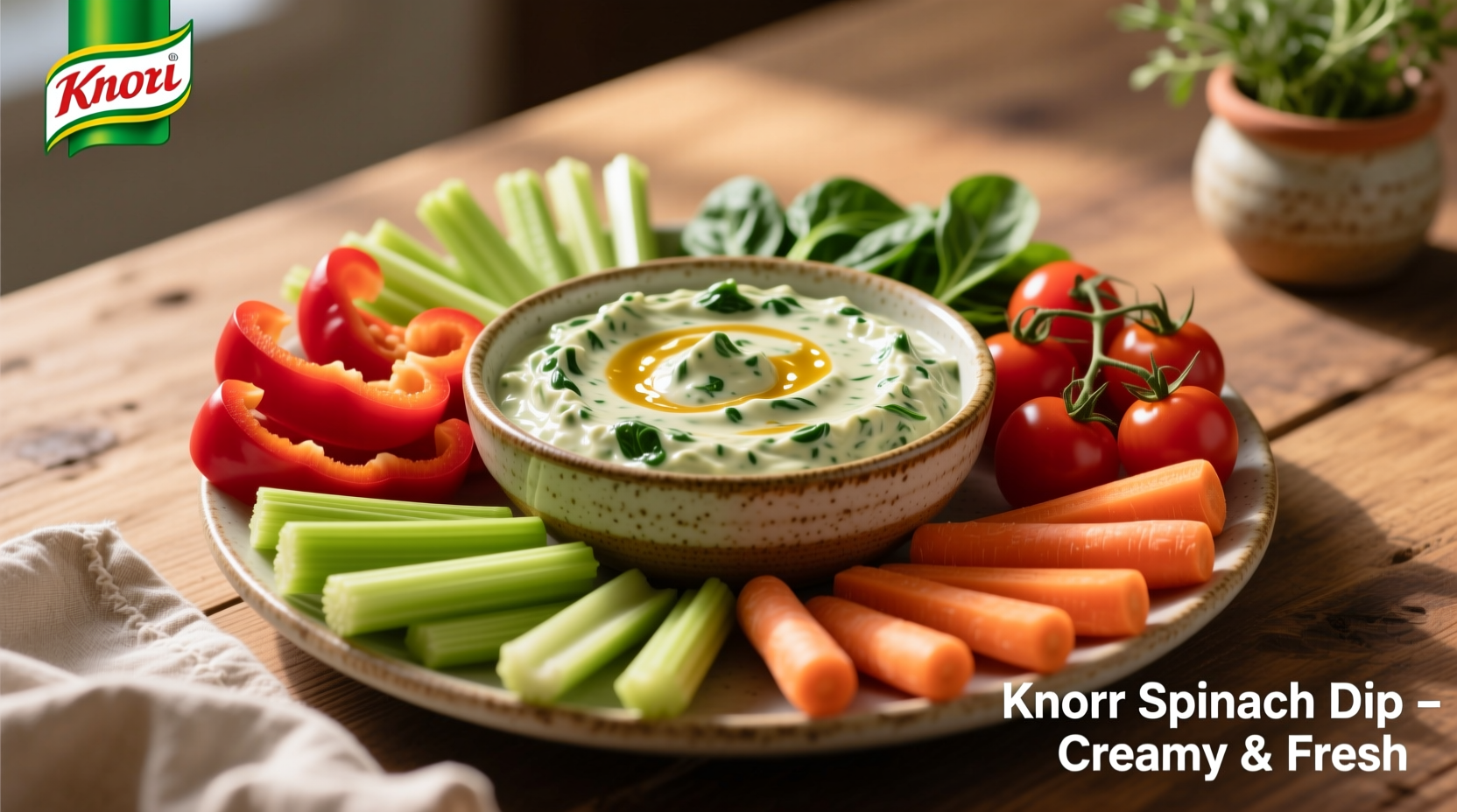 Creamy Knorr spinach dip served with vegetable dippers
