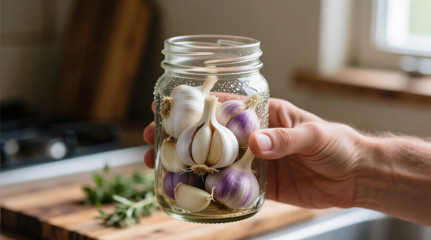 Hand shaking mason jar with garlic cloves inside