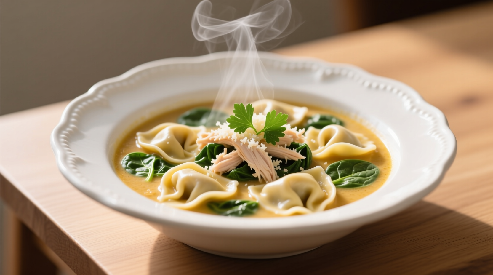 Chicken and spinach tortellini soup in white bowl