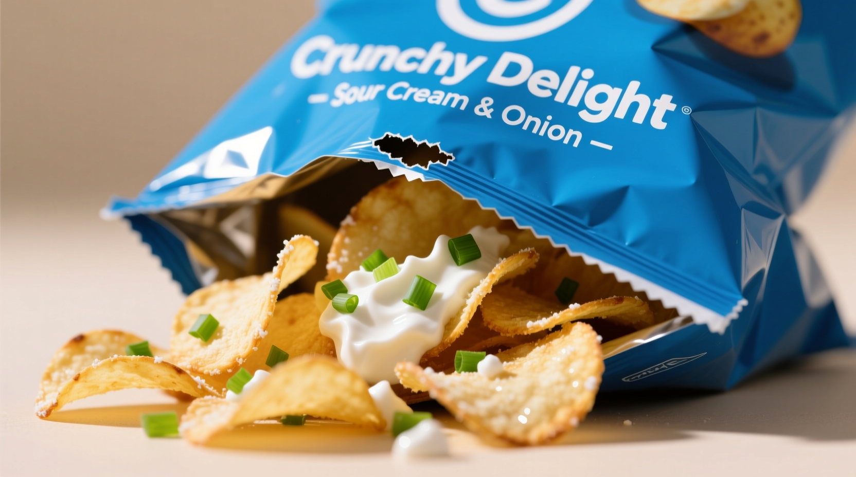 Baked sour cream and onion potato chips in a blue bag