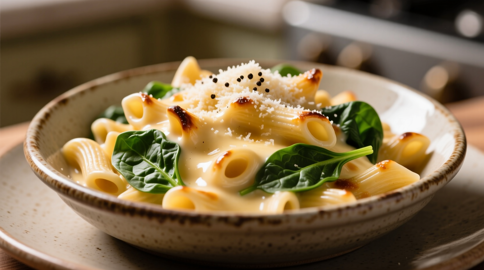 Creamy macaroni and cheese with fresh spinach