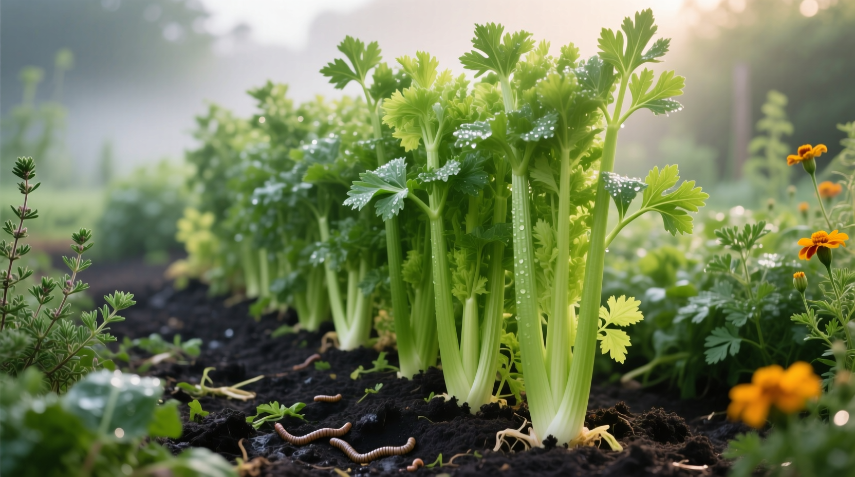 Healthy celery plants growing in garden bed with rich soil