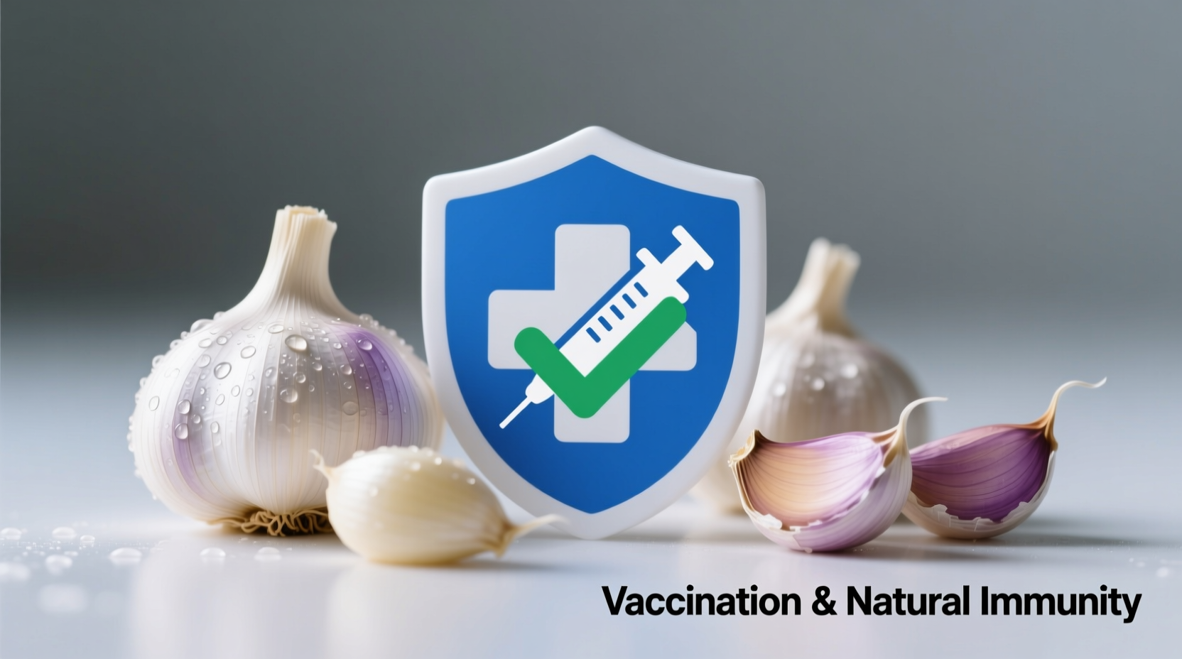 Garlic cloves next to medical vaccination symbol
