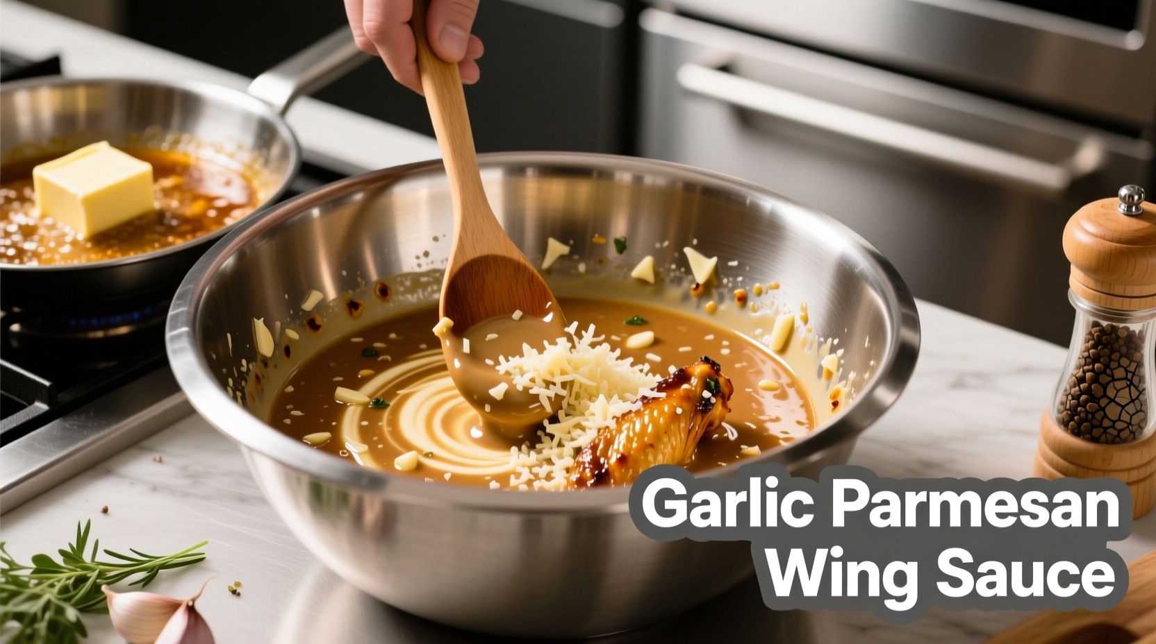 Chef preparing garlic parmesan wing sauce in stainless steel bowl