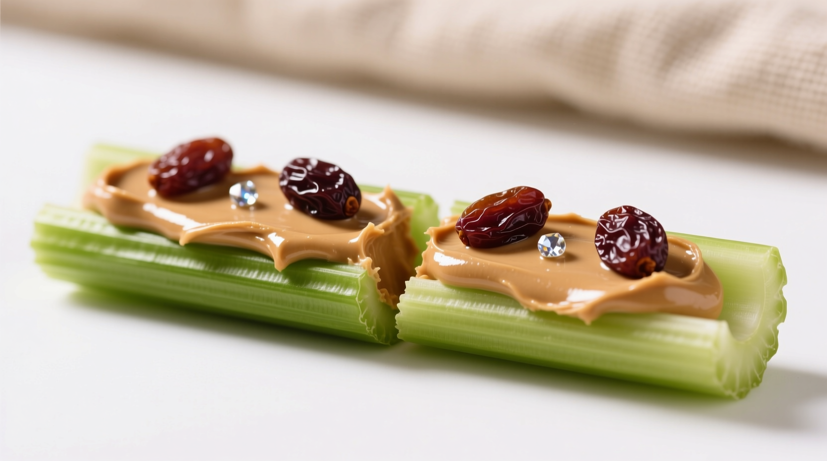 Celery sticks filled with peanut butter topped with raisins