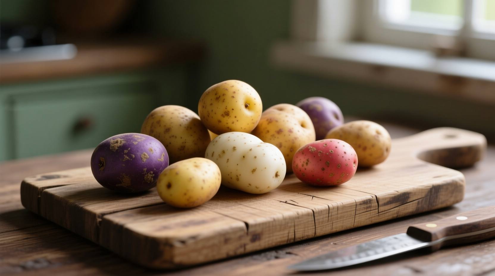 Assorted little potato varieties on wooden cutting board