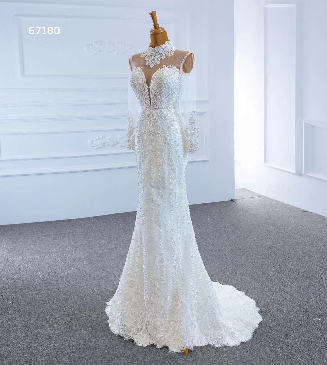 Mermaid/Trumpet long  sleeve lace high  neck  Muslim   pearls beaded with  detachable train wedding dress