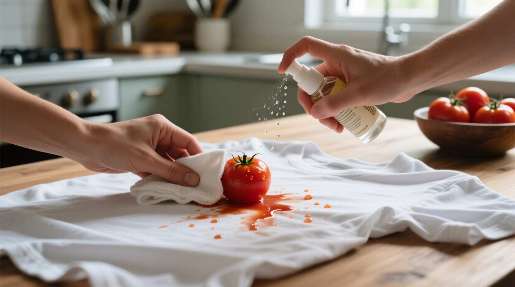 Hands treating tomato stain on white t-shirt