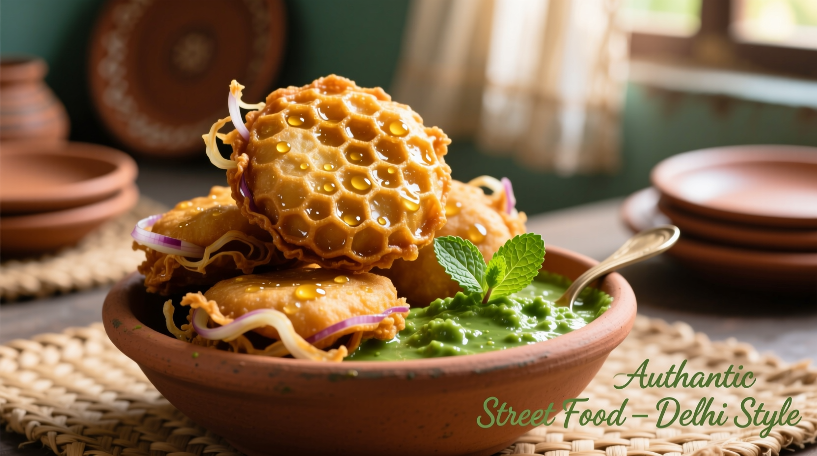 Golden brown onion pakoda served with mint chutney