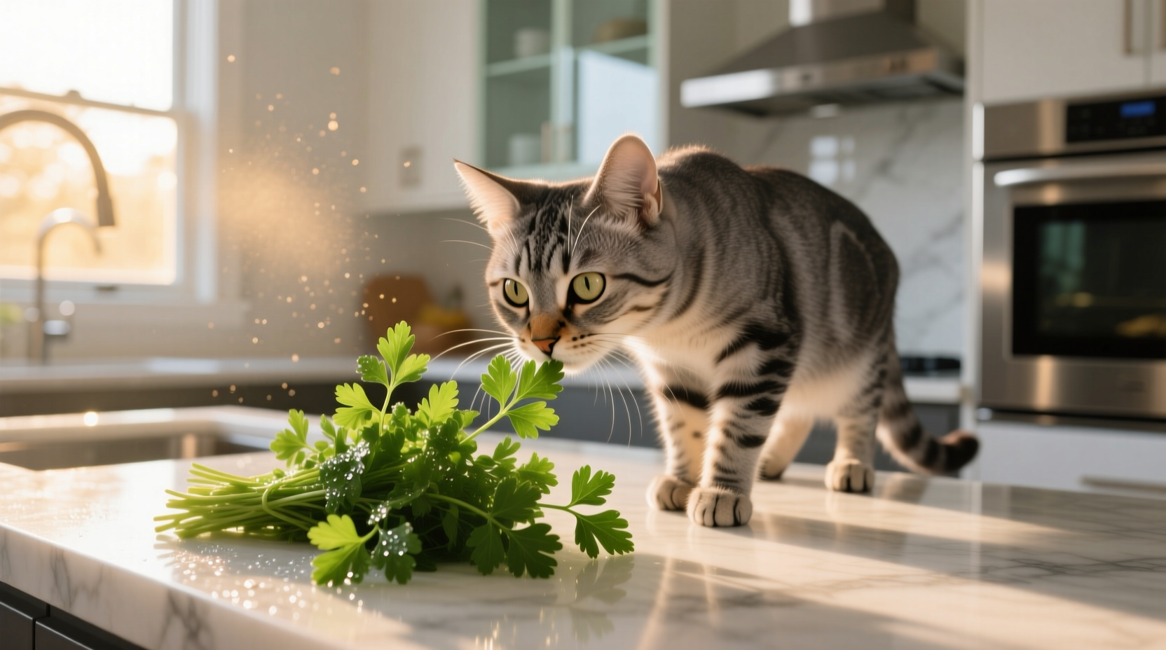 Cat cautiously sniffing fresh parsley leaves on kitchen counter