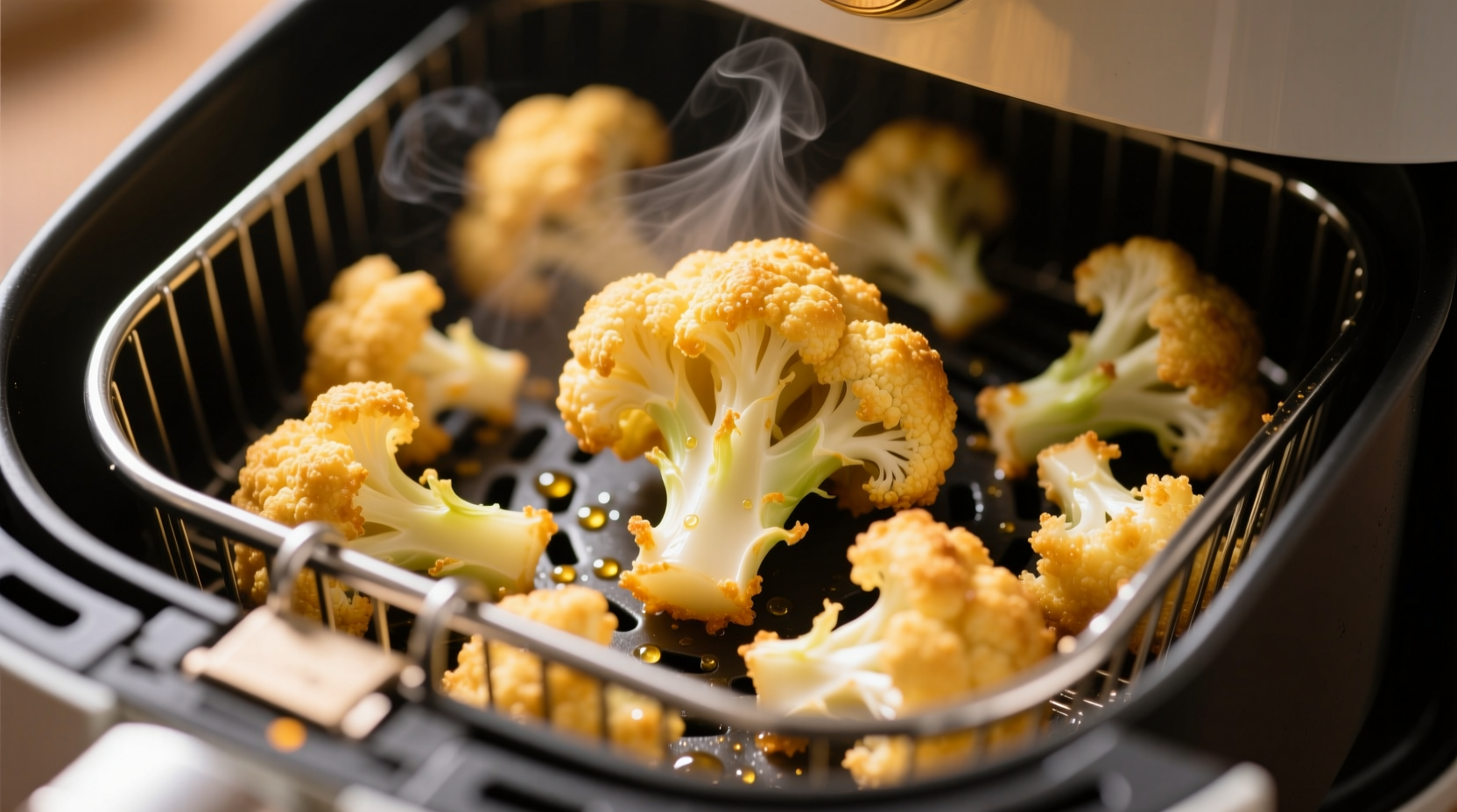 Crispy golden cauliflower florets in air fryer basket