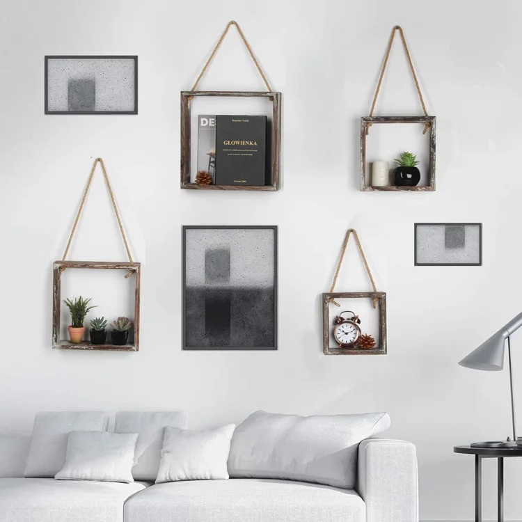 Set of 4 Rustic Wood 4 Cube Wall Shelf Hanging Square Shelves Cube Display Shelf