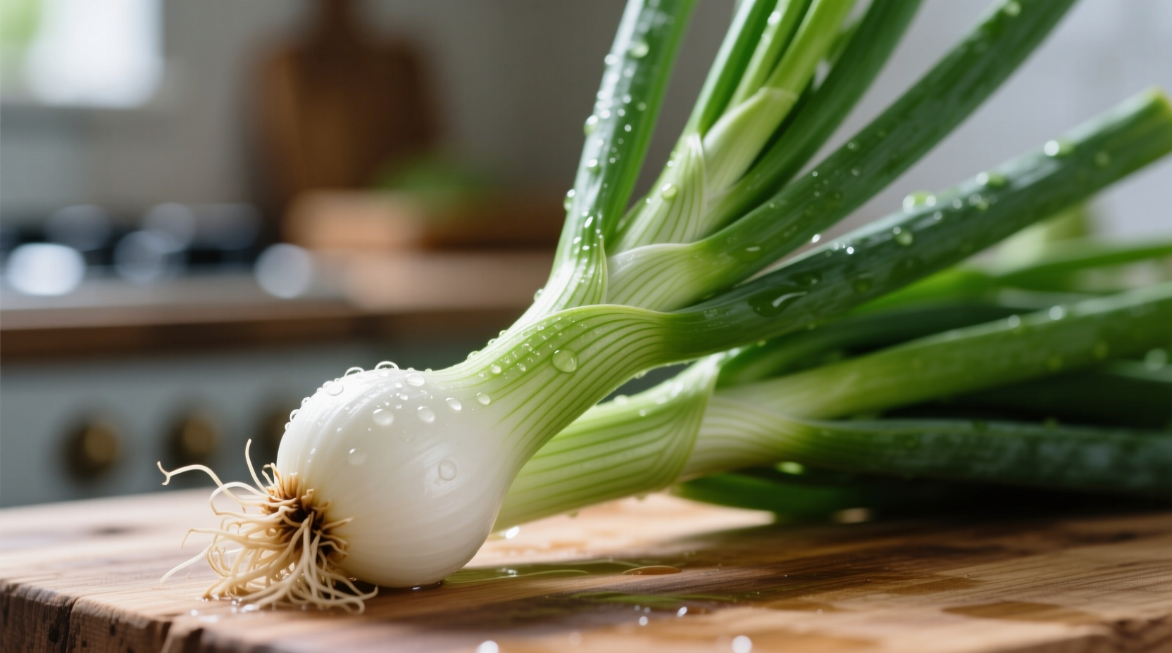 Close-up of fresh green onions showing white bulb and green stalks