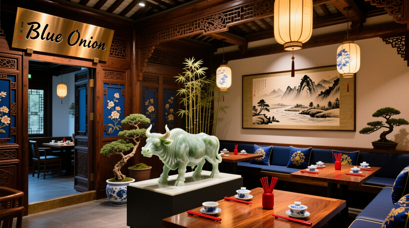 Blue Onion restaurant interior with traditional decor