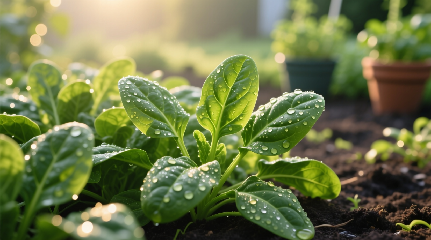 Fresh spinach leaves with dew drops on garden