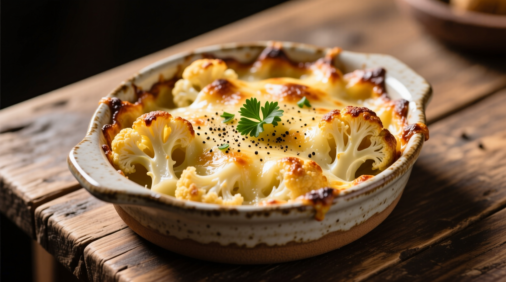 Golden brown cauliflower gratin in ceramic dish
