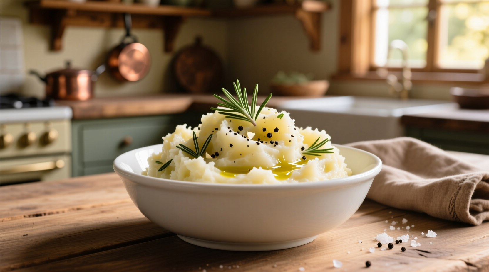 Creamy rosemary garlic mashed potatoes in white bowl