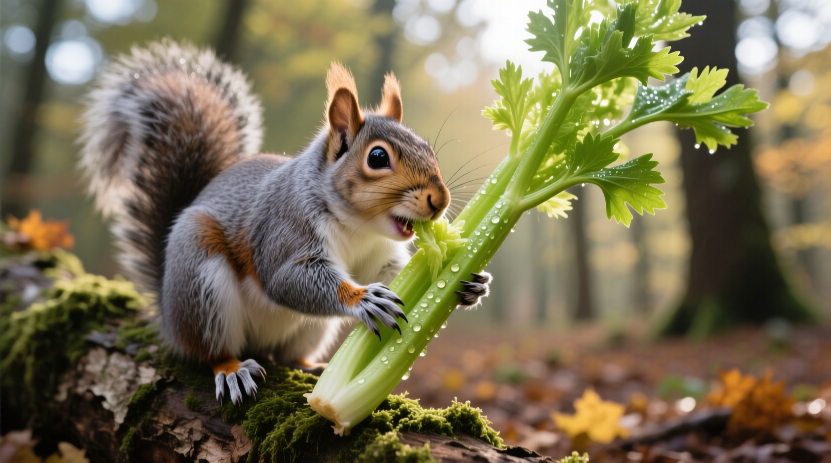 Squirrel nibbling on fresh celery stalk