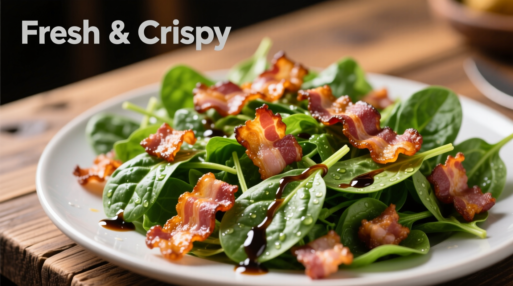 Crispy bacon pieces over fresh spinach salad