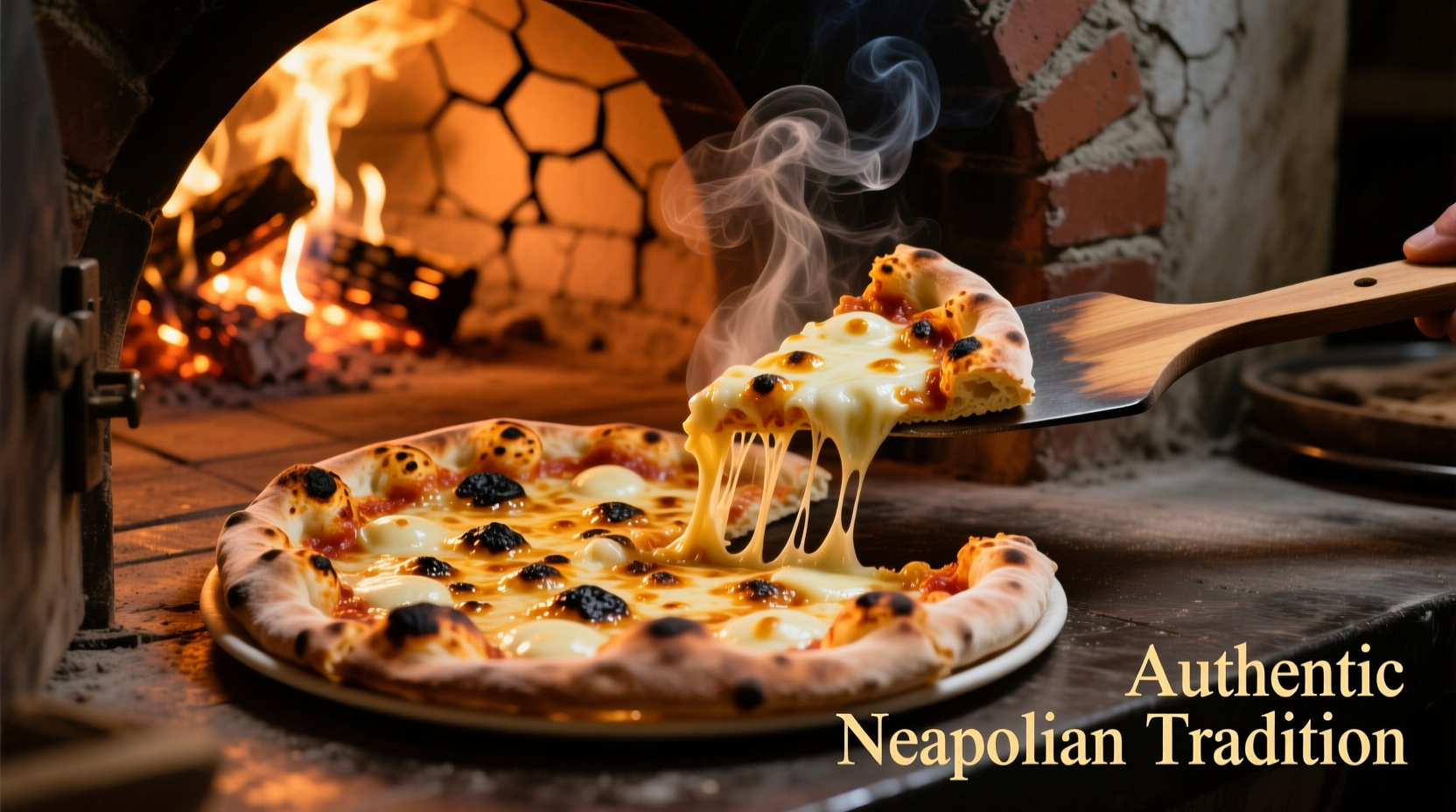 Wood-fired oven baking Neapolitan pizza with perfect char