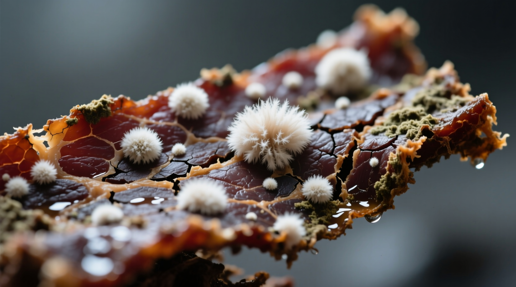 Close-up of moldy beef jerky with white fuzzy spots on dried meat