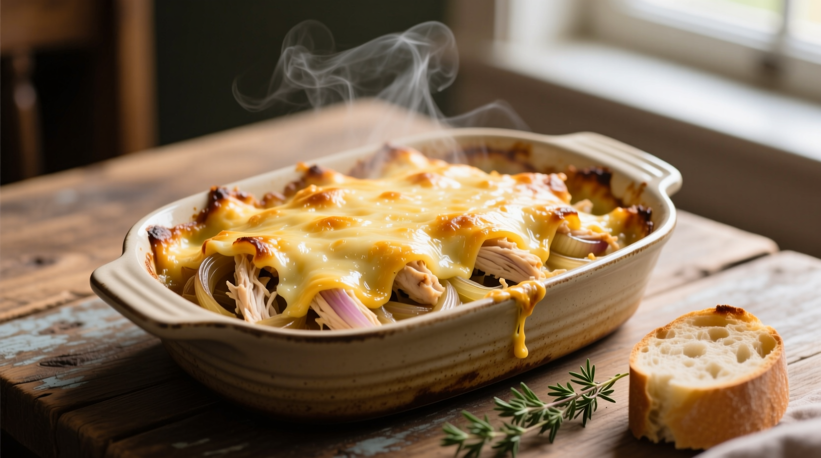 Golden French onion chicken casserole with melted cheese