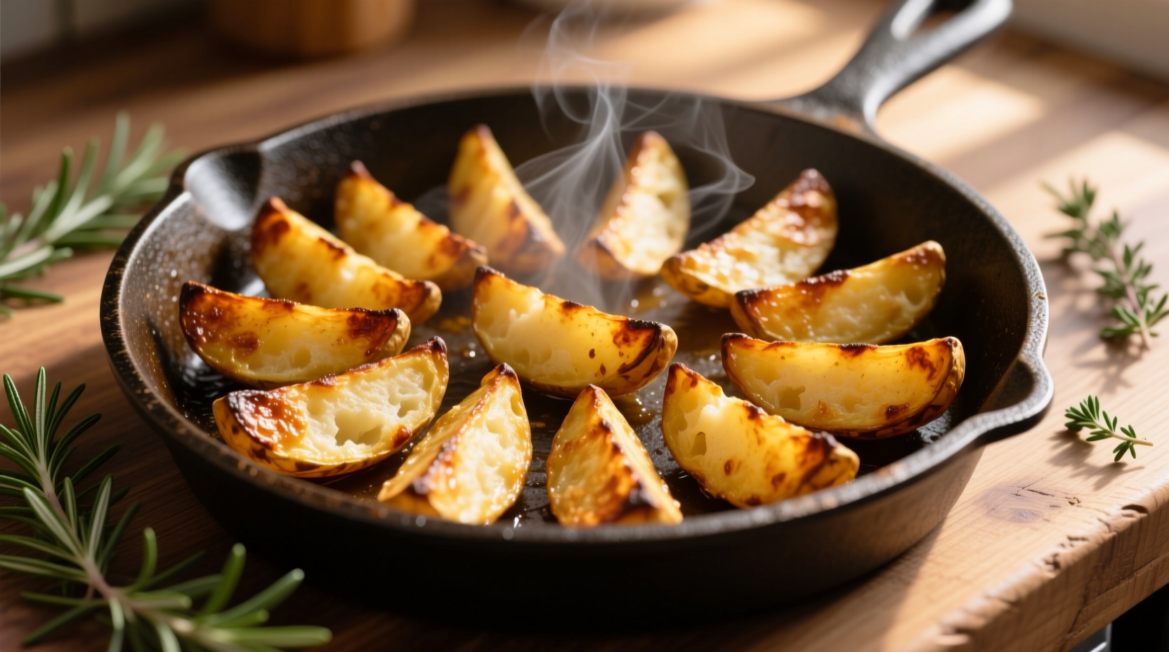 Golden roasted potato wedges on baking sheet