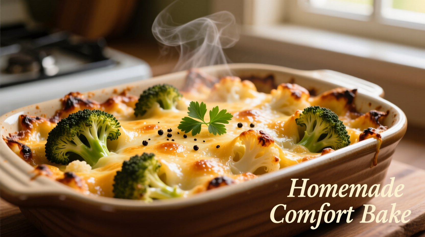 Golden broccoli cauliflower cheese bake with bubbling edges