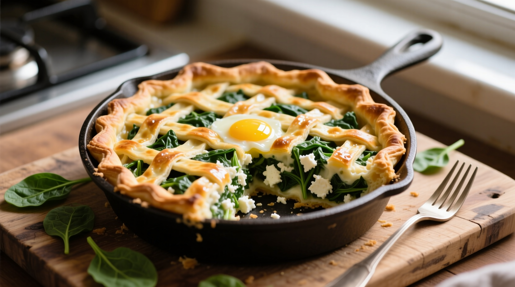 Homemade spinach and feta pie with golden crust