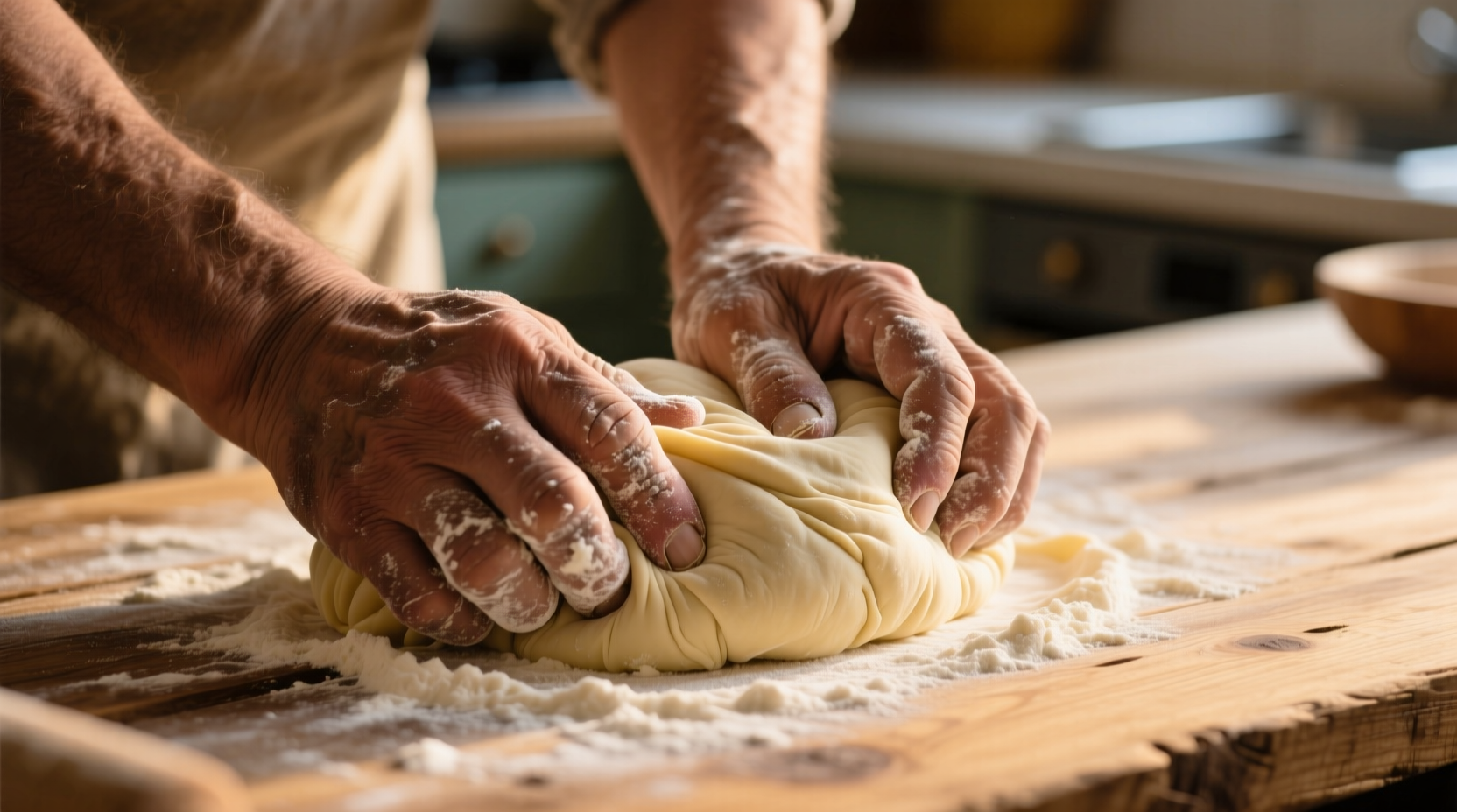 Hands kneading fresh pasta dough on wooden surface