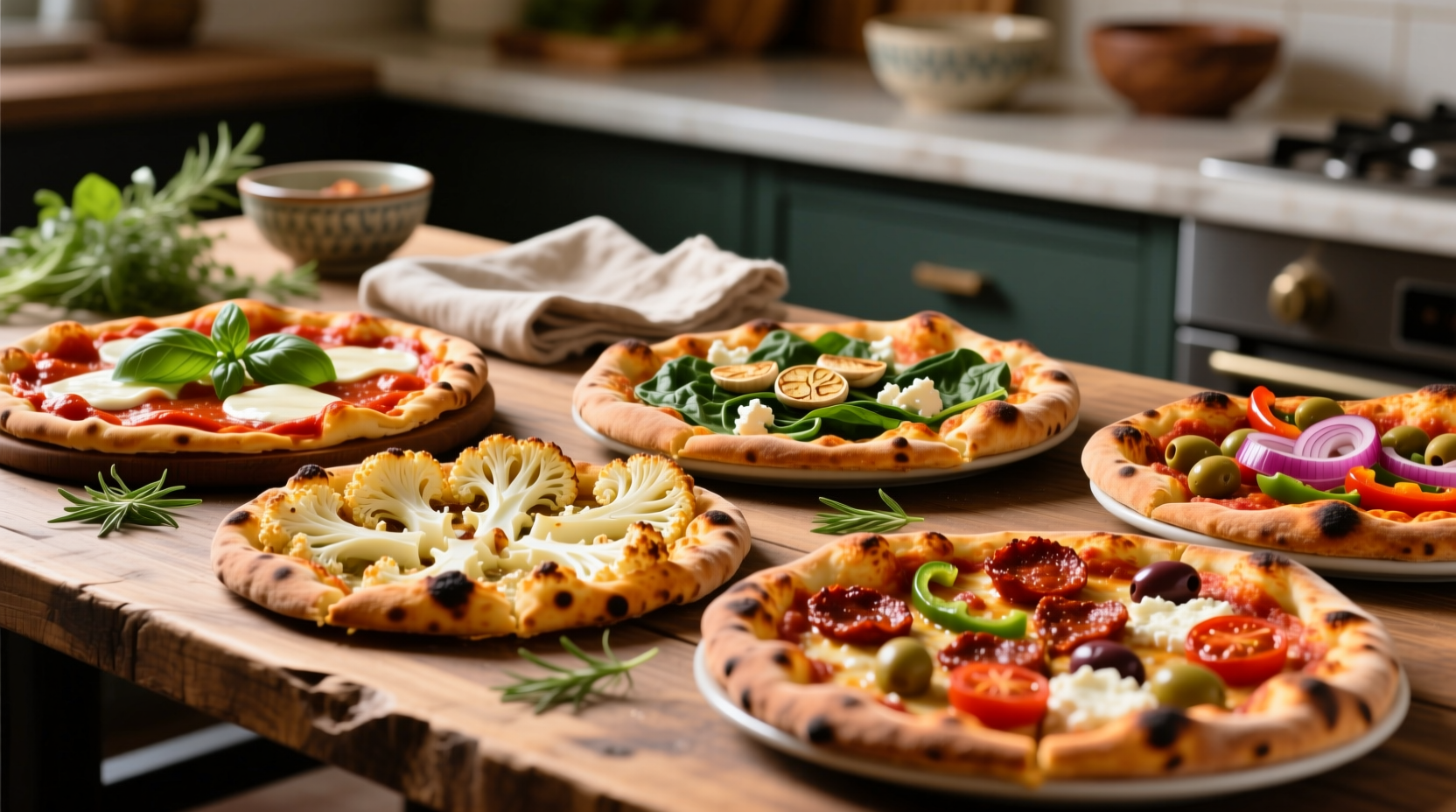 Variety of cauliflower crust pizza options on display