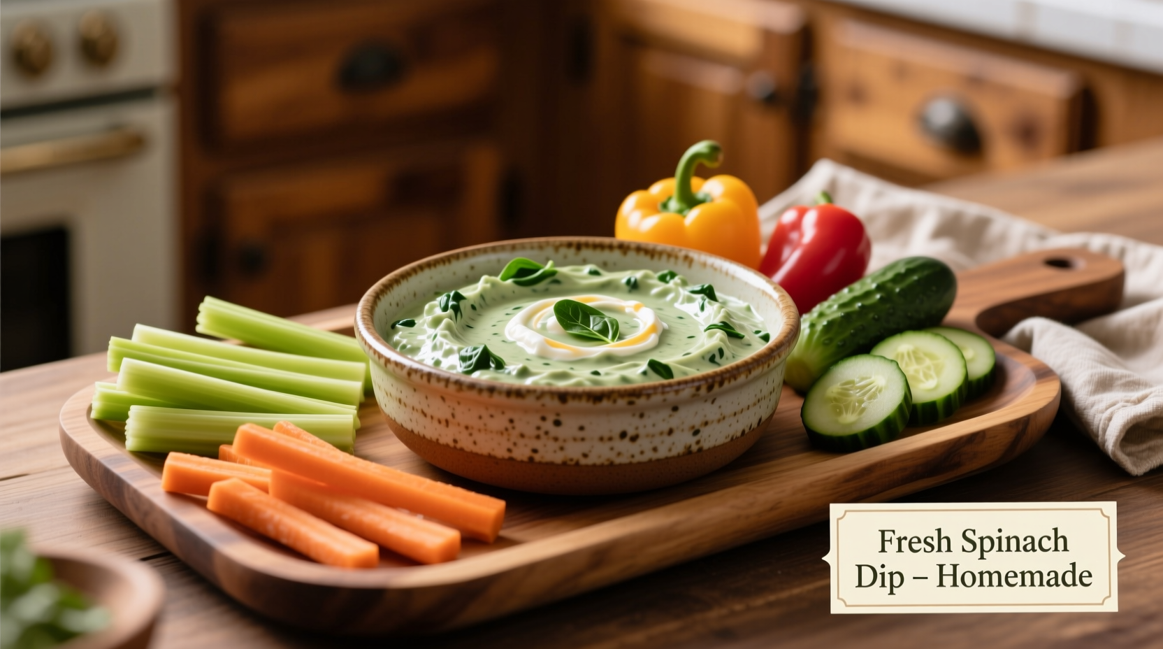 Creamy spinach dip served in ceramic dish with vegetable sticks