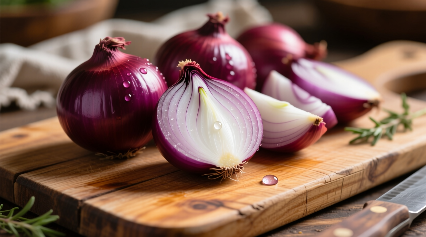 Fresh red onions with purple skin on wooden cutting board