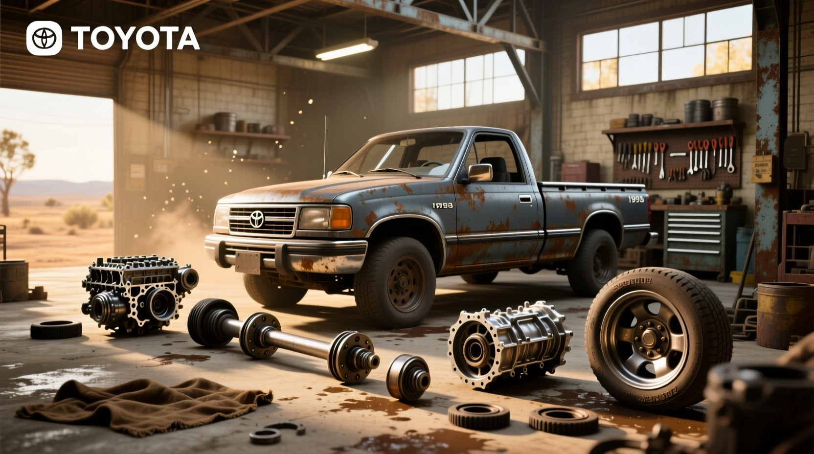 Assortment of 1993 Toyota Pickup engine parts laid out on a bench